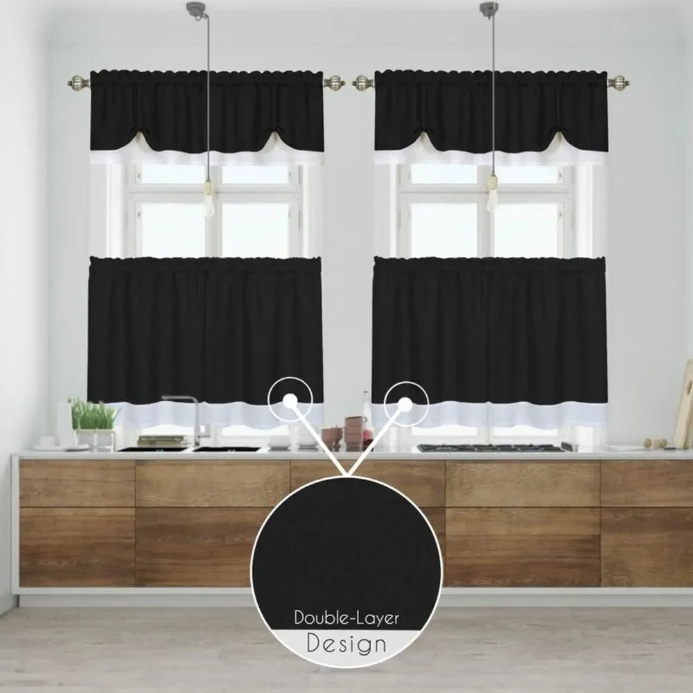 Woven Trends Two-Tone Window Curtain Tier Pair & Valance Set, Double Layer Small